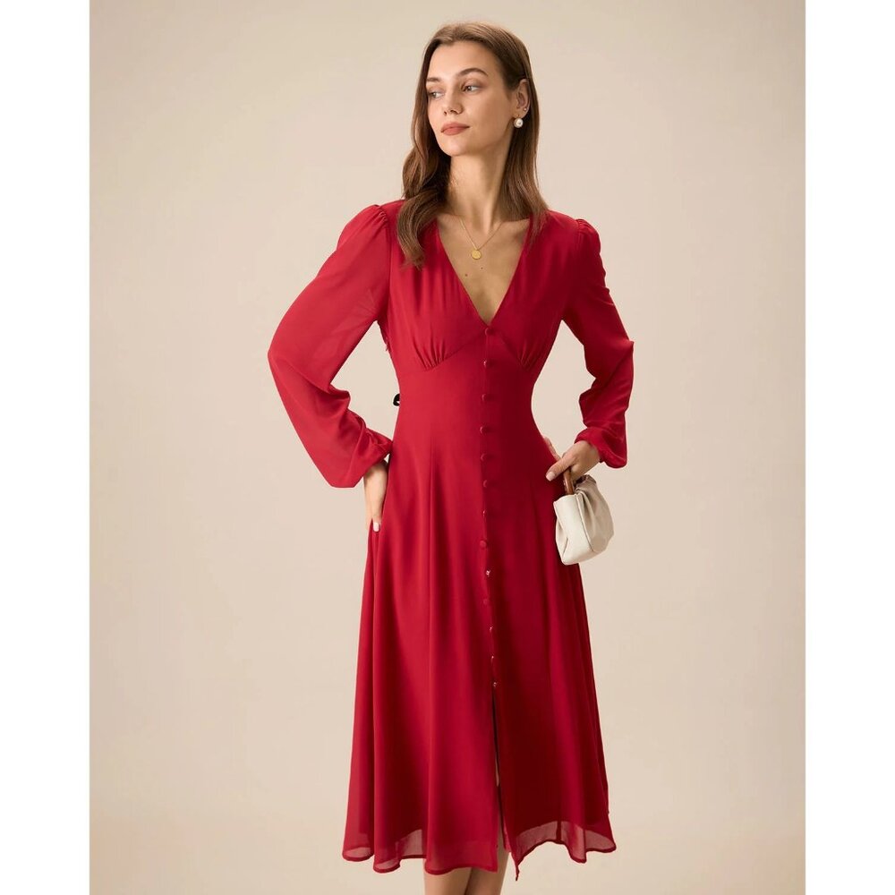 RIHOAS Red Button-Front V-Neck Midi Dress